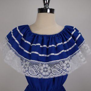 🌺 Mexican Blue NWOT Lace Peasant Hippie Boho Prairie Ruffled Dress Vtg Inspired